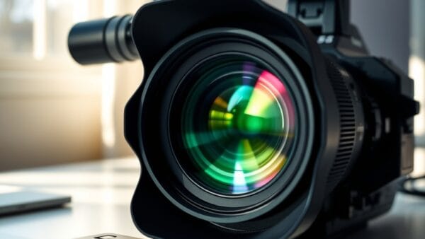 Objectif de caméra vidéo professionnelle avec reflets colorés sur un bureau blanc