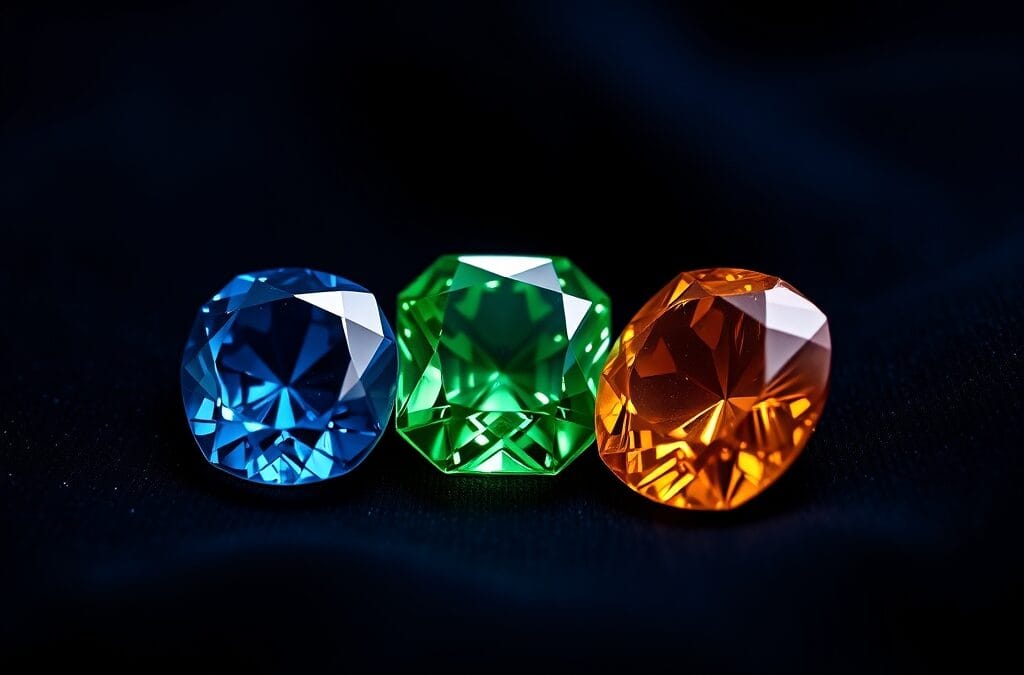 Trois pierres précieuses colorées disposées en triangle sur velours noir