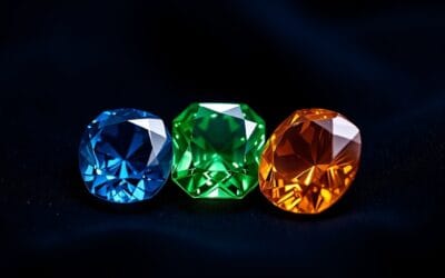 Trois pierres précieuses colorées disposées en triangle sur velours noir