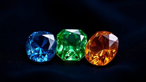 Trois pierres précieuses colorées disposées en triangle sur velours noir