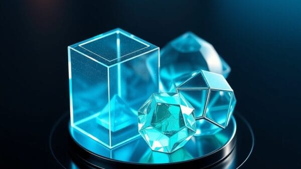 Quatre formes géométriques lumineuses représentant les agents Grok, Harper, Benjamin et Lucas