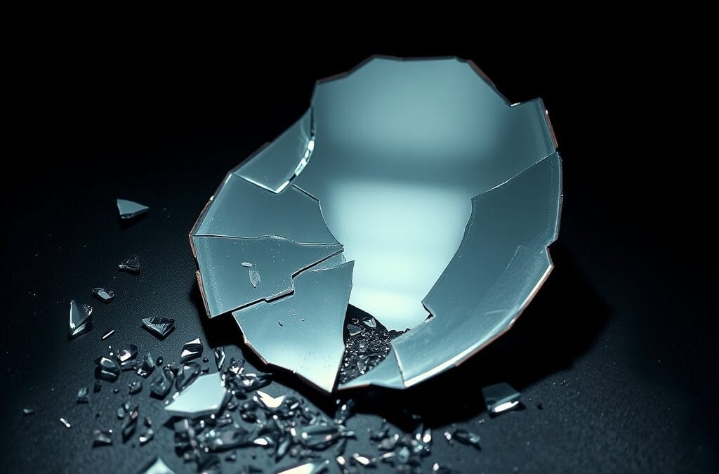 Miroir brisé sur une surface sombre reflétant une lumière fragmentée avec des éclats de verre éparpillés