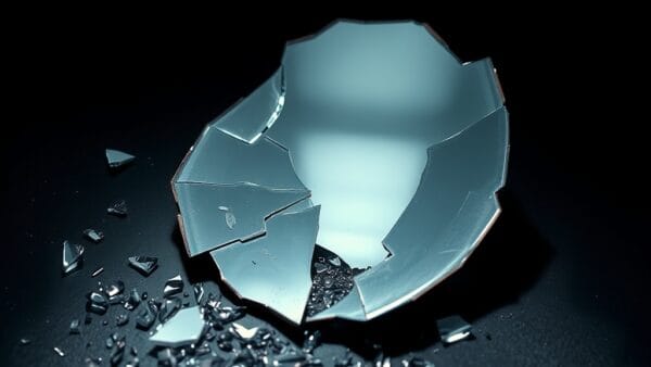 Miroir brisé sur une surface sombre reflétant une lumière fragmentée avec des éclats de verre éparpillés