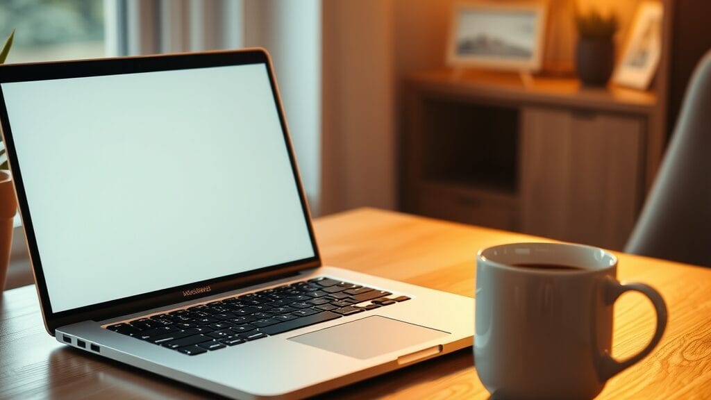 MacBook posé sur un bureau en bois avec une tasse de café, éclairé à la lumière naturelle du matin, évoquant un poste de travail personnel