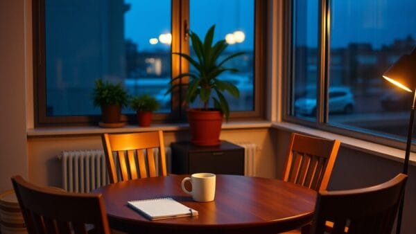Bureau de PME en soirée avec table ronde, chaises en bois et lampe chaude