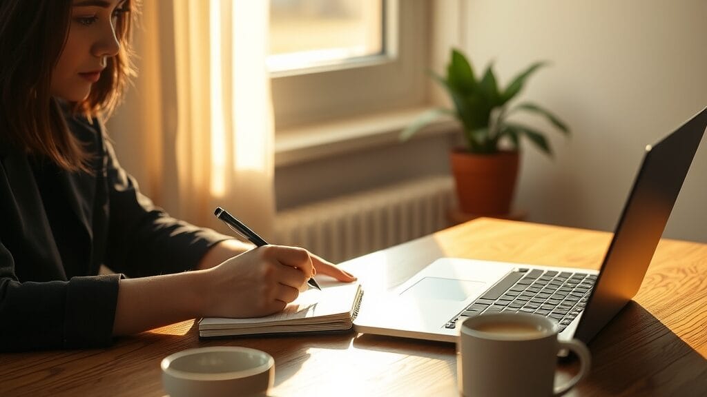 Mains d'une personne prenant des notes près d'un laptop dans une lumière naturelle chaleureuse