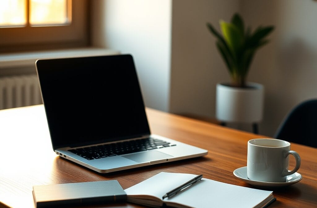 Bureau moderne avec ordinateur portable, carnet et café, illustrant la prise en main du Super App OpenAI