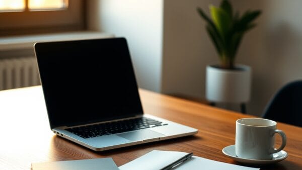 Bureau moderne avec ordinateur portable, carnet et café, illustrant la prise en main du Super App OpenAI