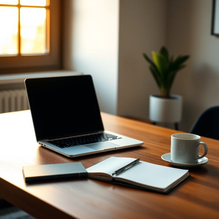 Bureau moderne avec ordinateur portable, carnet et café, illustrant la prise en main du Super App OpenAI