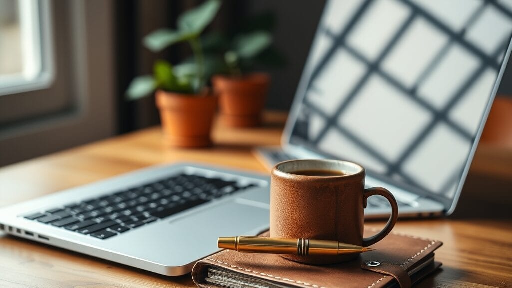 Ordinateur portable ouvert sur un bureau en noyer avec une tasse de café fumante et un carnet en cuir