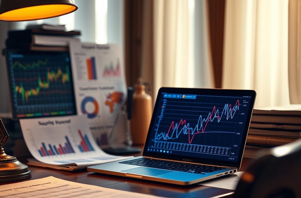 Bureau actuaire avec documents statistiques et ecran affichant des visualisations IA