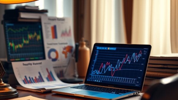 Bureau actuaire avec documents statistiques et ecran affichant des visualisations IA
