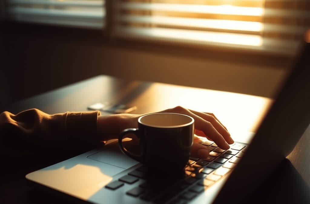 Mains posées sur un ordinateur portable fermé dans une lumière dorée matinale