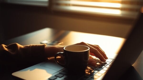 Mains posées sur un ordinateur portable fermé dans une lumière dorée matinale