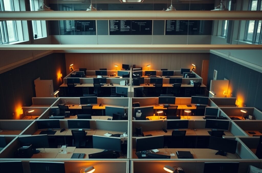 Bureau open space mi-vide mi-occupé illustrant la dualité du marché de l'emploi face à l'IA