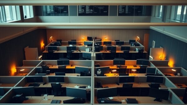 Bureau open space mi-vide mi-occupé illustrant la dualité du marché de l'emploi face à l'IA