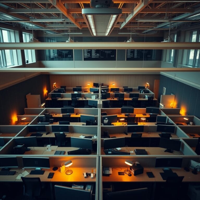 Bureau open space mi-vide mi-occupé illustrant la dualité du marché de l'emploi face à l'IA