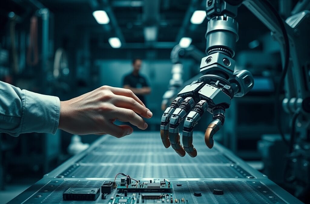 Mains humaines et bras robotique travaillant ensemble sur un établi industriel