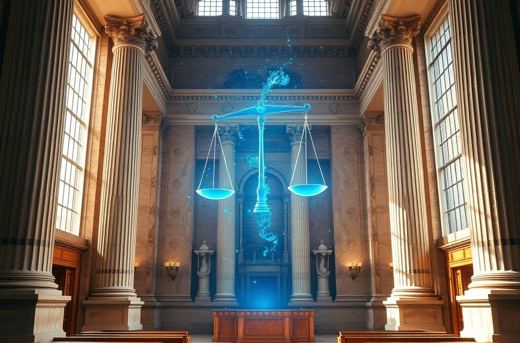 Interieur de tribunal avec balance de justice holographique numerique