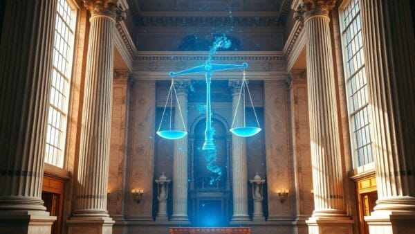 Interieur de tribunal avec balance de justice holographique numerique