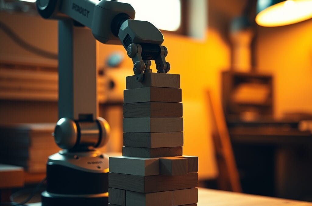 Bras robotique manipulant des blocs de bois dans un atelier de recherche
