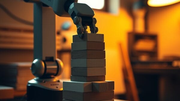 Bras robotique manipulant des blocs de bois dans un atelier de recherche