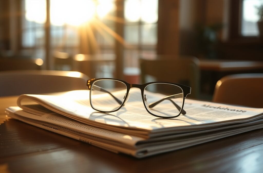 Lunettes de lecture posées sur un journal plié sur une table de café en bois au soleil du matin