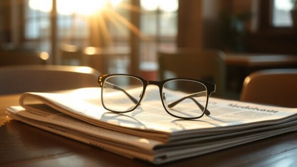Lunettes de lecture posées sur un journal plié sur une table de café en bois au soleil du matin
