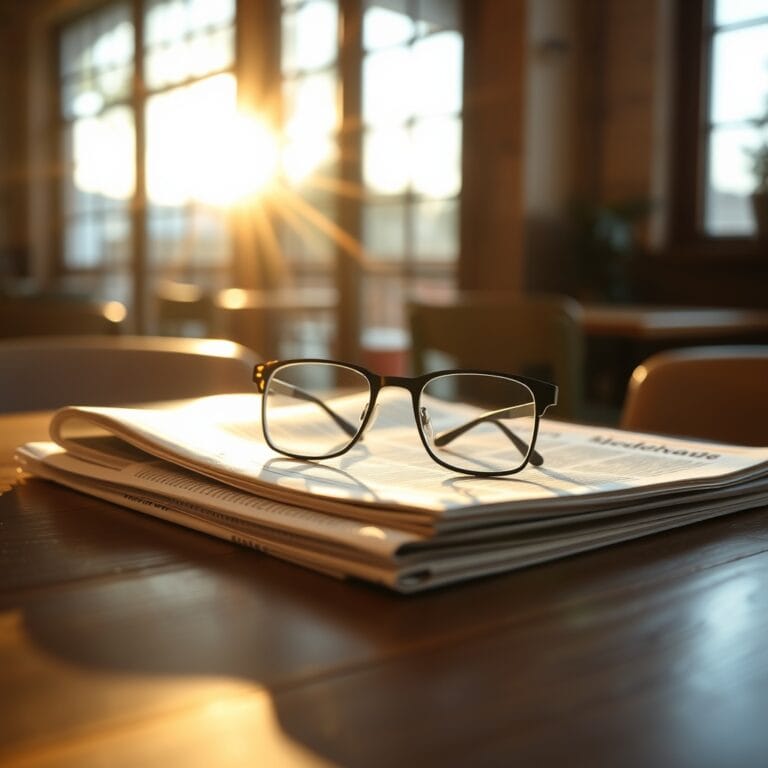 L'IA envahit les offres d'emploi : faut-il s'en réjouir ou s'en inquiéter ? 1 Lunettes de lecture posées sur un journal plié sur une table de café en bois au soleil du matin