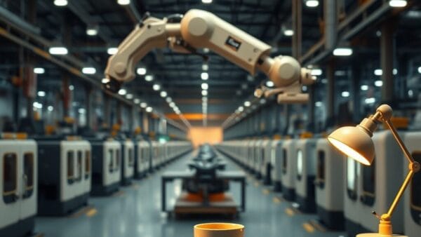 Usine robotique japonaise au crépuscule avec bras robotique et poste de travail