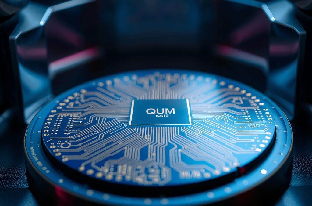 Puce de calcul quantique avec circuits dorés sur wafer bleu