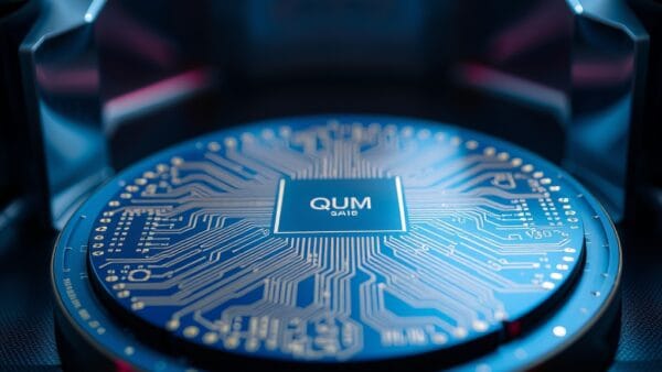 Puce de calcul quantique avec circuits dorés sur wafer bleu