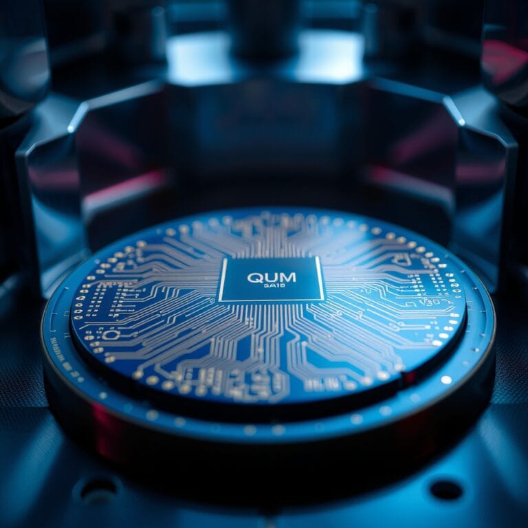 Puce de calcul quantique avec circuits dorés sur wafer bleu