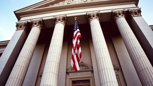 Façade de bâtiment gouvernemental avec colonnes en marbre