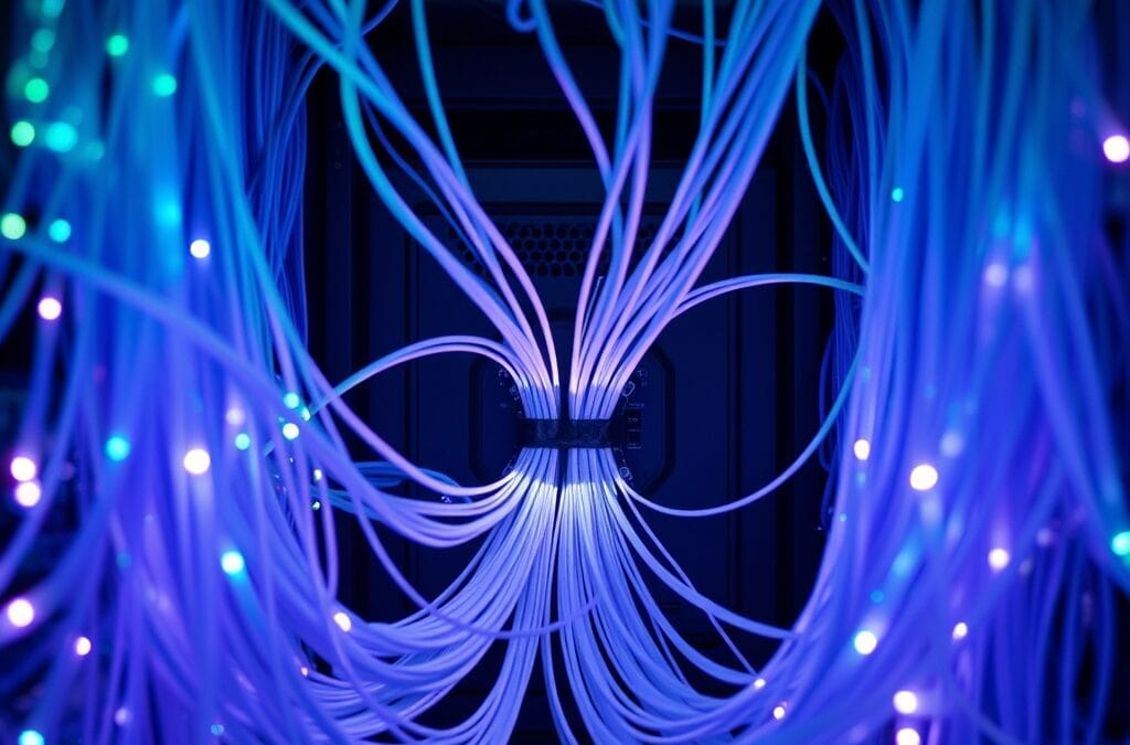 Réseau de câbles fibre optique convergeant vers un hub central sur un rack serveur