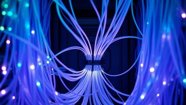 Réseau de câbles fibre optique convergeant vers un hub central sur un rack serveur