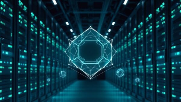 Couloir de data center avec nœud central lumineux symbolisant le standard MCP