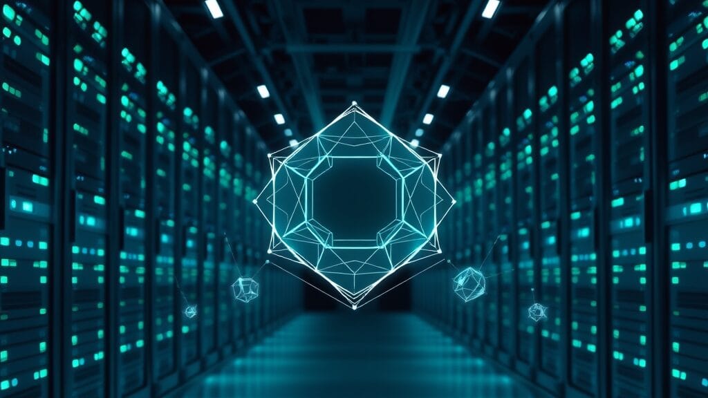 Couloir de data center avec nœud central lumineux symbolisant le standard MCP