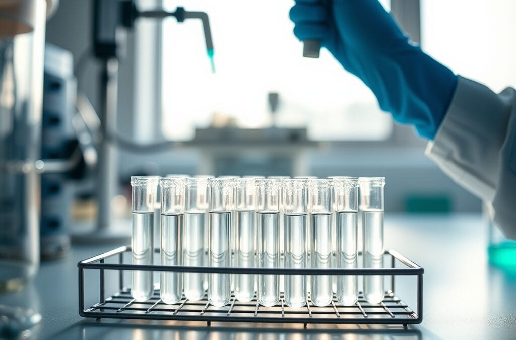 Flacons de laboratoire dans un rack métallique avec mains gantées de chercheur