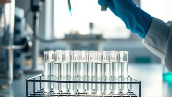 Flacons de laboratoire dans un rack métallique avec mains gantées de chercheur