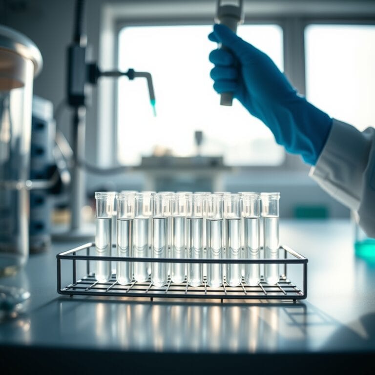 Flacons de laboratoire dans un rack métallique avec mains gantées de chercheur