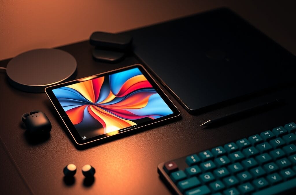 Collection d outils technologiques sur un bureau minimaliste sombre