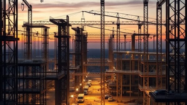 Centre de données géant en construction au crépuscule avec pylônes électriques