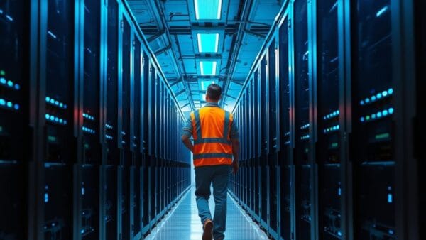 Allée d'un datacenter hyperscale moderne avec un technicien inspectant les serveurs