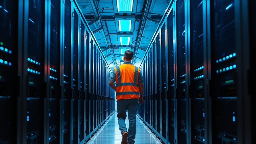 Allée d'un datacenter hyperscale moderne avec un technicien inspectant les serveurs