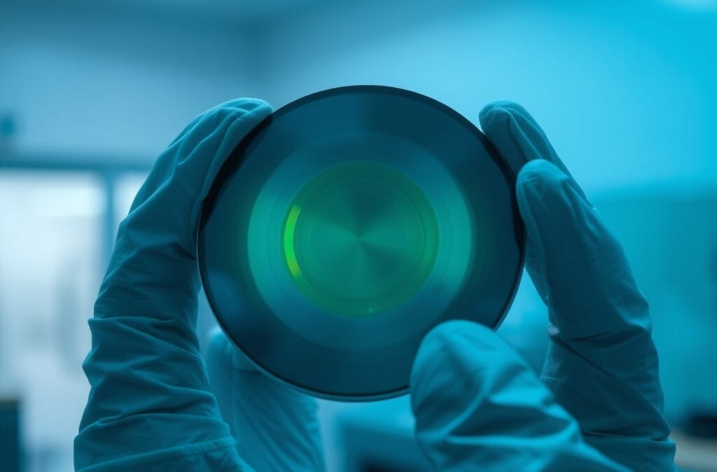 Wafer de silicium tenu par des mains gantées dans une salle blanche