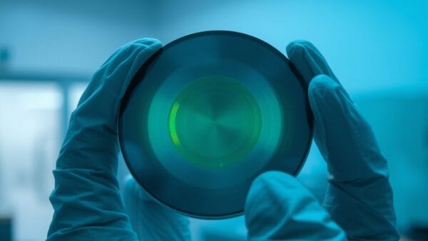 Wafer de silicium tenu par des mains gantées dans une salle blanche