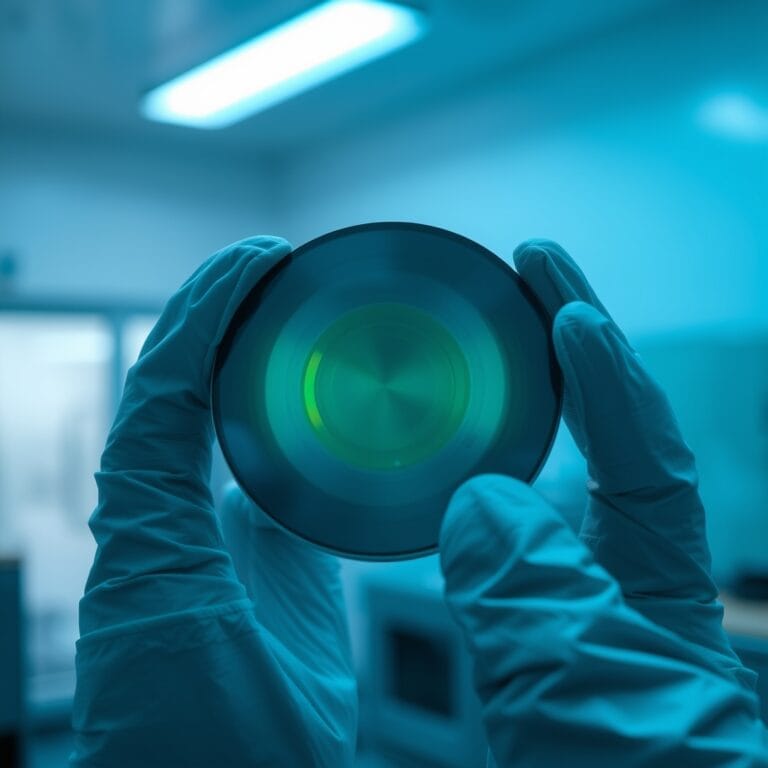 Wafer de silicium tenu par des mains gantées dans une salle blanche
