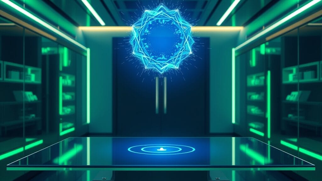 Étincelle holographique bleue représentant Meta Muse Spark dans un laboratoire IA moderne