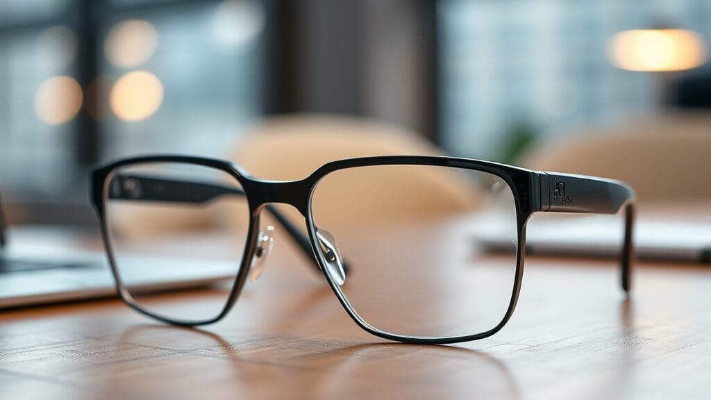 Lunettes connectées posées sur un bureau moderne avec lumière naturelle